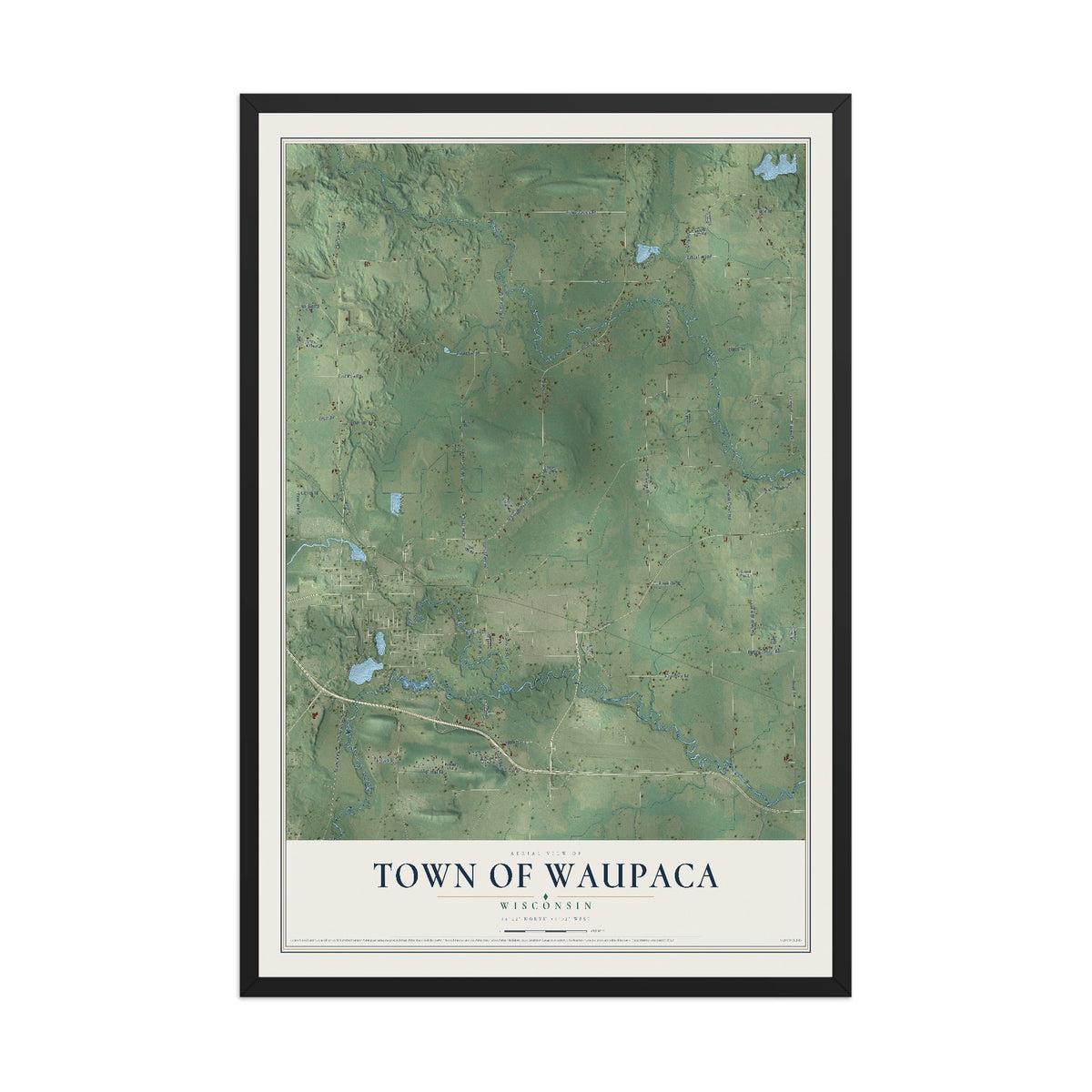 Map of the Town of Waupaca, Wisconsin, 12 x 18 inch print in a black wood frame