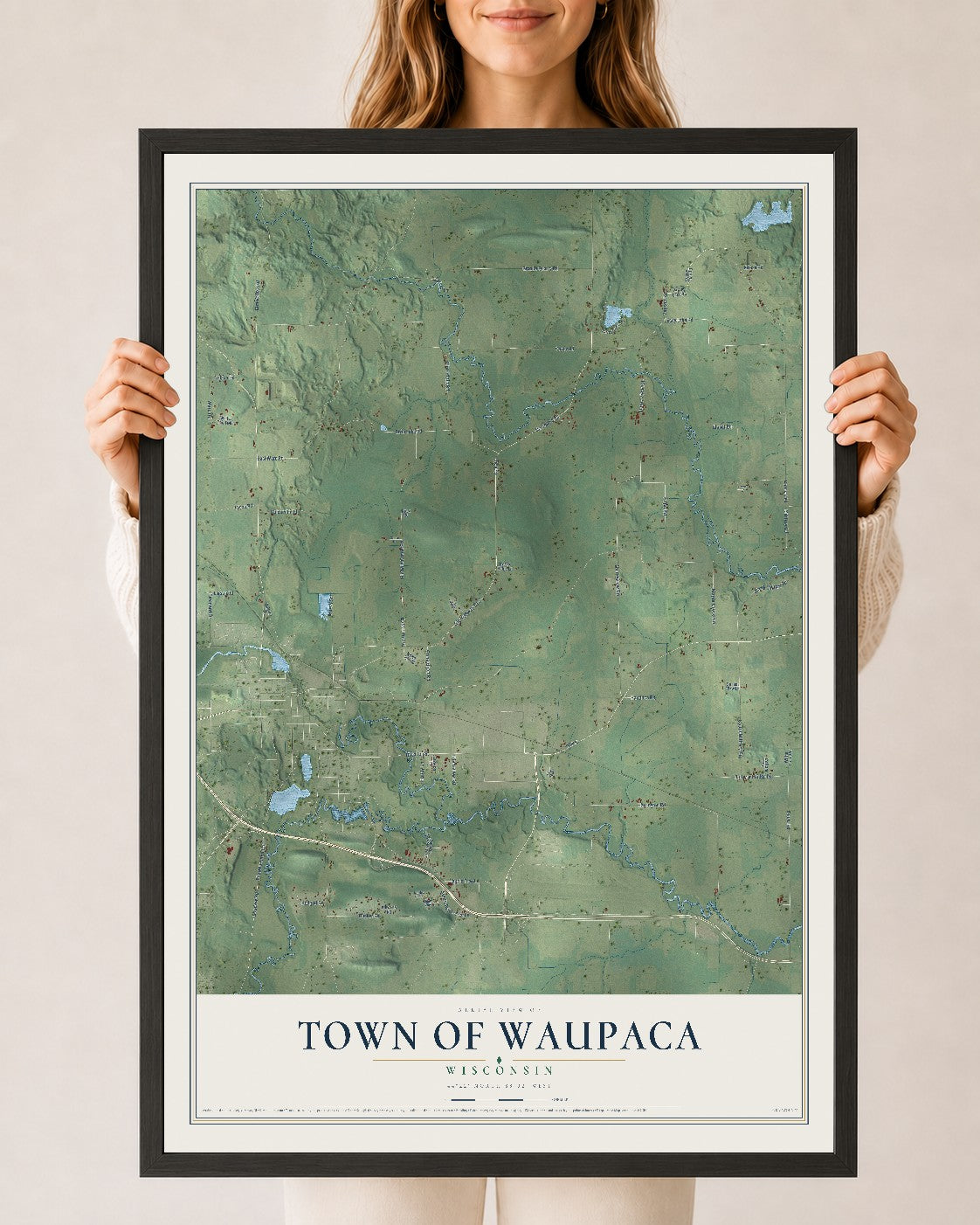 Map of the Town of Waupaca, Wisconsin, 24 x 36 inch print in a black wood frame