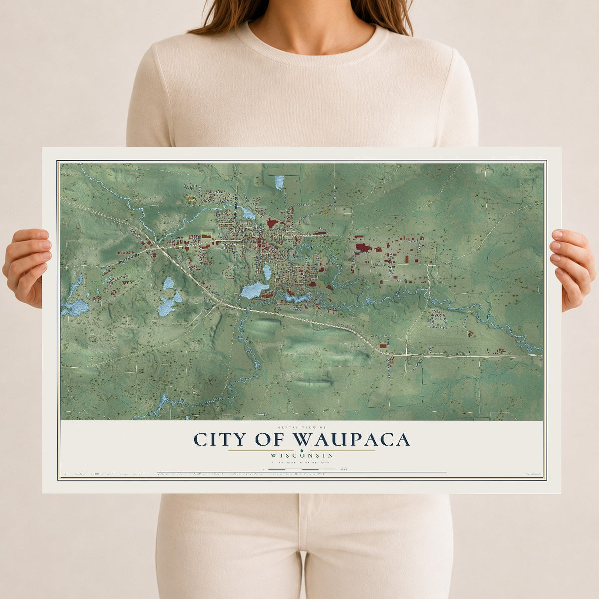 Map of Waupaca, Wisconsin, 12 x 18 inch unframed archival matte print