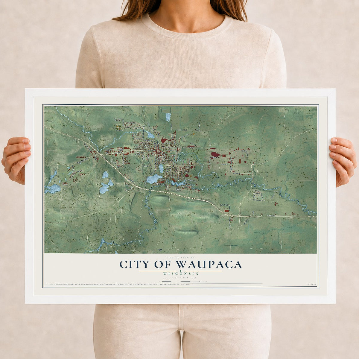 Map of Waupaca, Wisconsin, 12 x 18 inch print in a white wood frame
