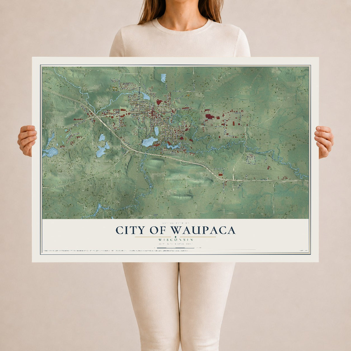 Map of Waupaca, Wisconsin, 24 x 36 inch unframed archival matte print