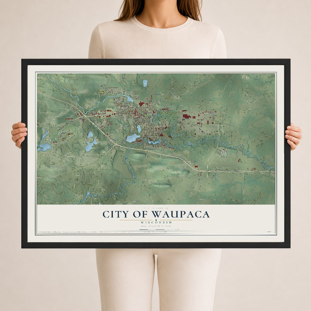 Map of Waupaca, Wisconsin, 24 x 36 inch print in a black wood frame