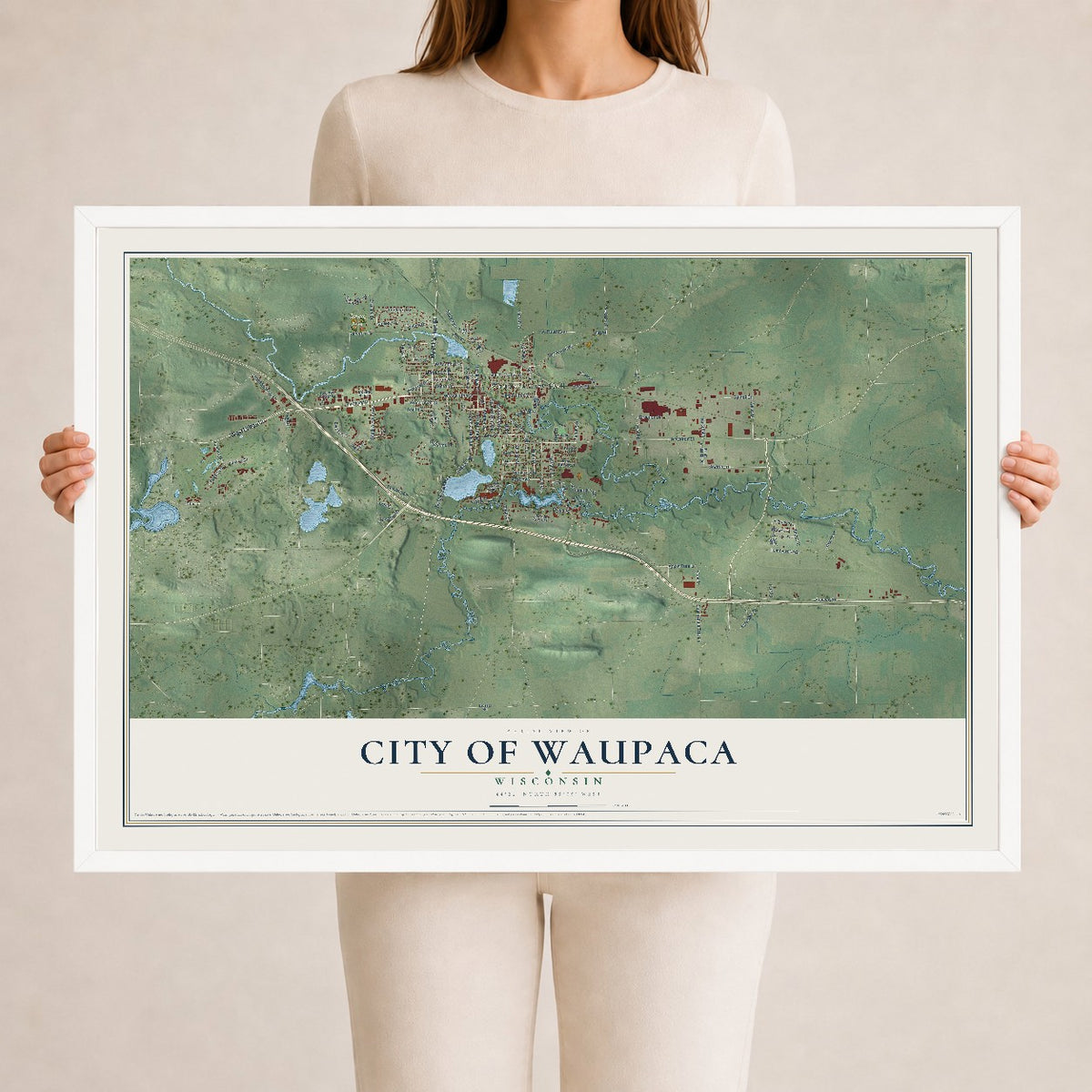 Map of Waupaca, Wisconsin, 24 x 36 inch print in a white wood frame
