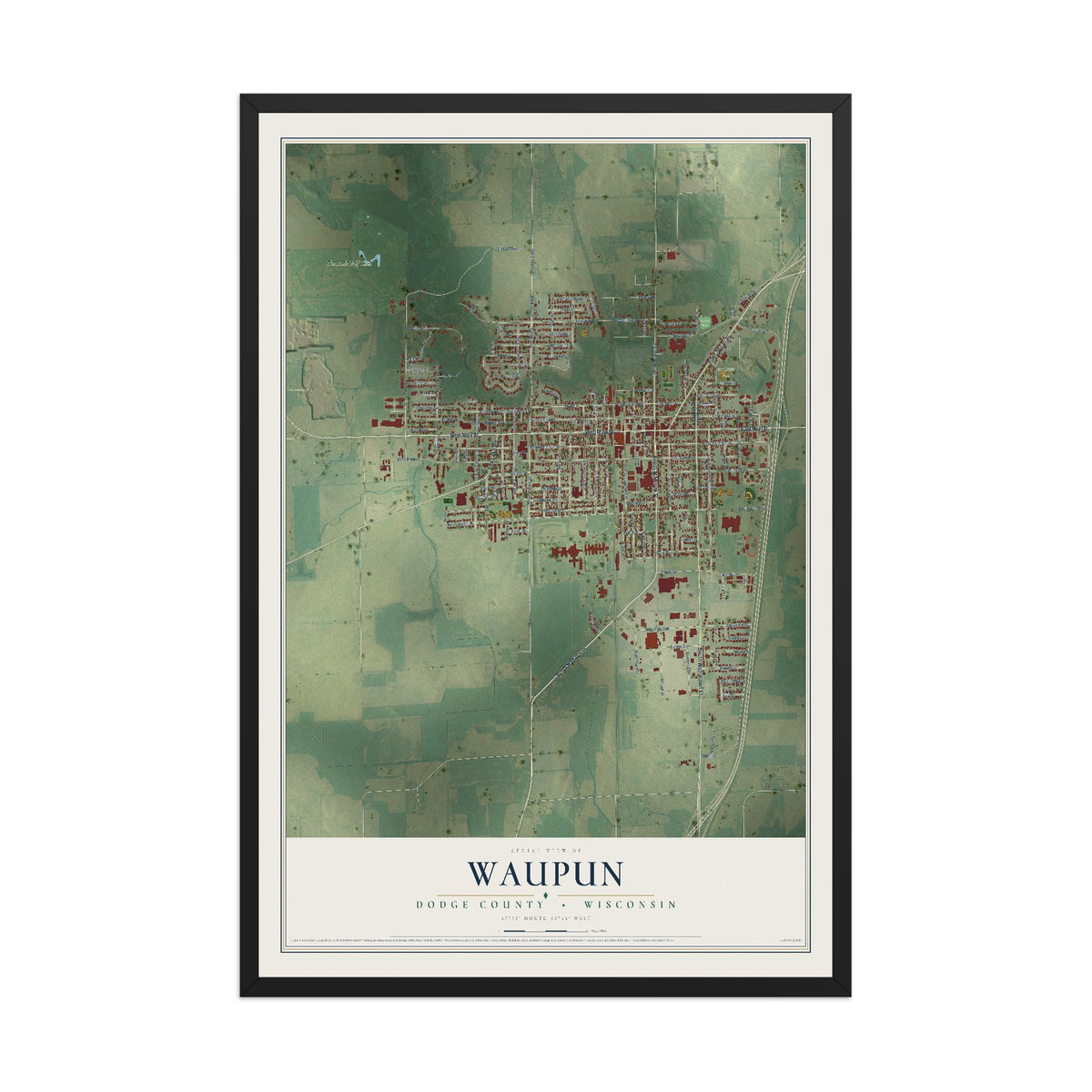 Map of Waupun, Dodge County, Wisconsin, 12 x 18 inch print in a black wood frame