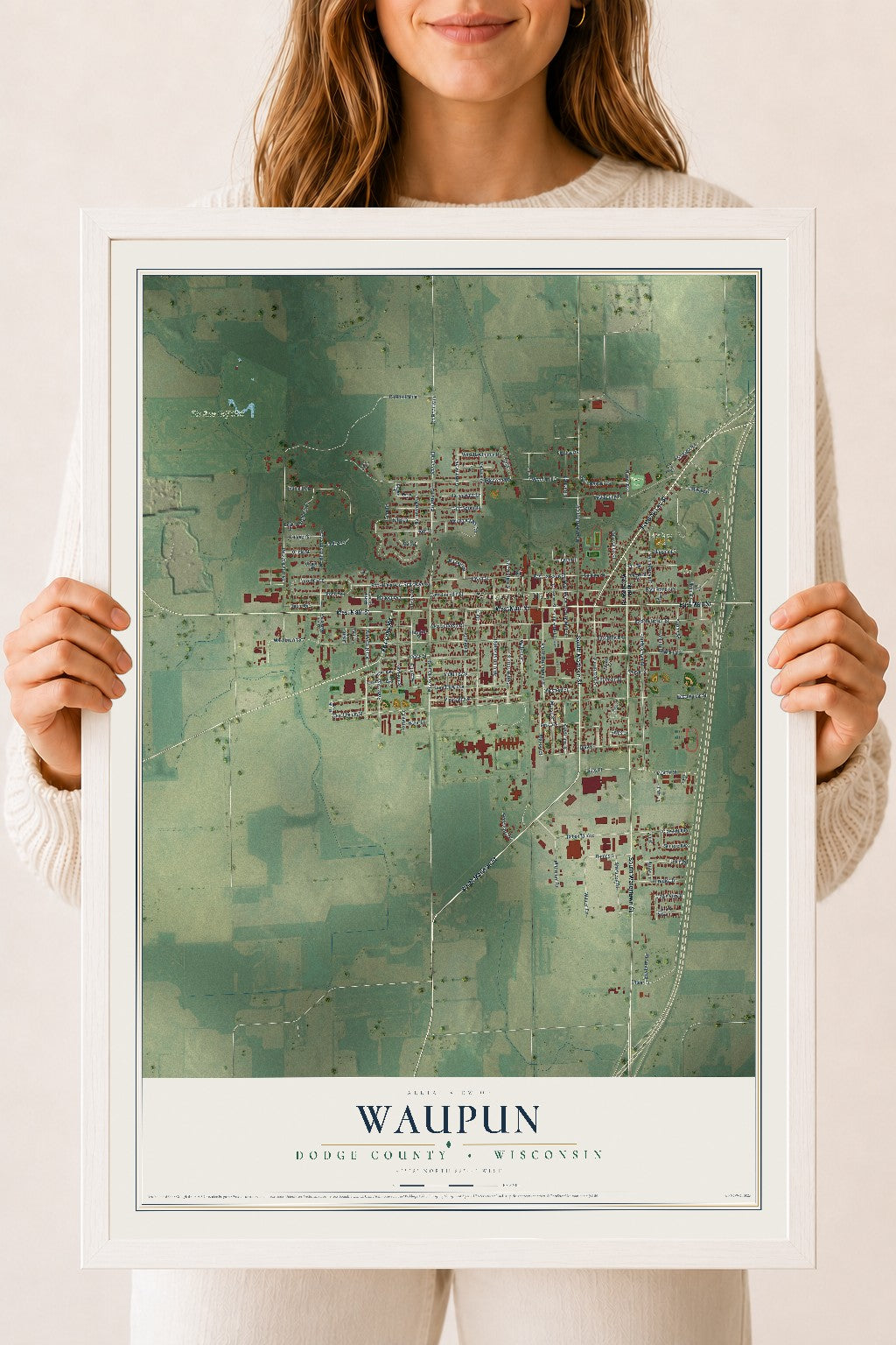 Map of Waupun, Dodge County, Wisconsin, 18 x 24 inch print in a white wood frame