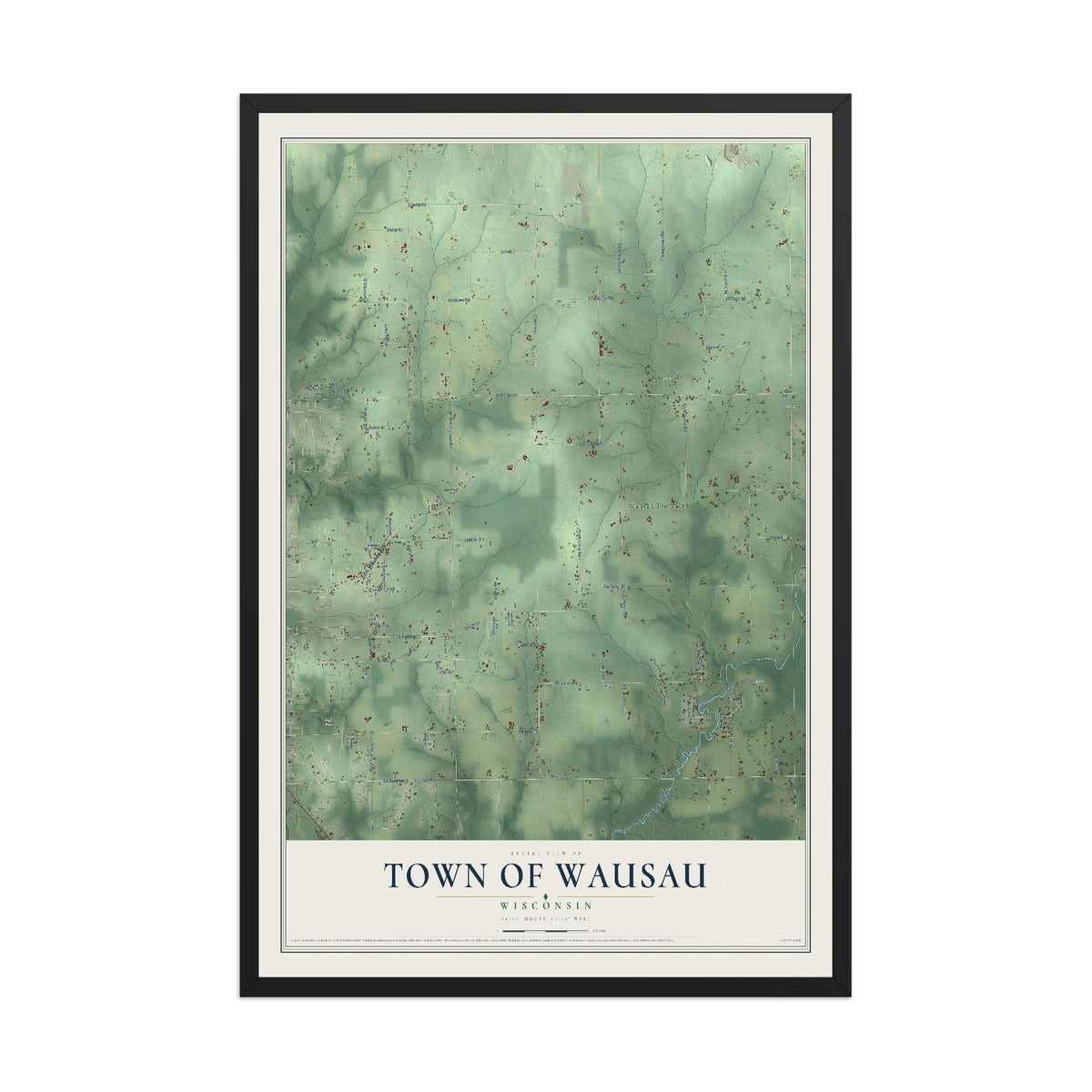 Map of the Town of Wausau, Wisconsin, 12 x 18 inch print in a black wood frame
