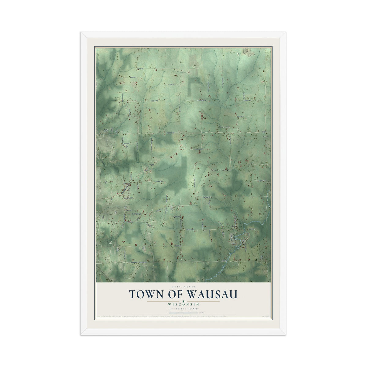 Map of the Town of Wausau, Wisconsin, 12 x 18 inch print in a white wood frame
