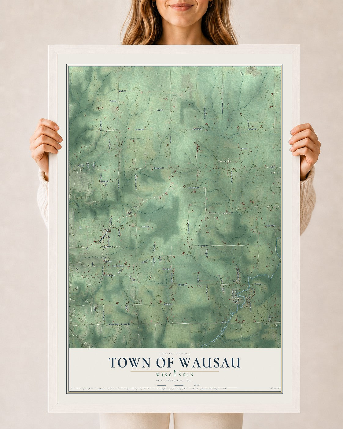 Map of the Town of Wausau, Wisconsin, 24 x 36 inch print in a white wood frame