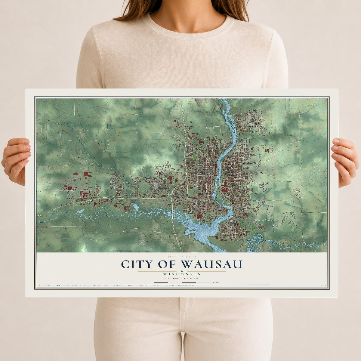 Map of Wausau, Wisconsin, 12 x 18 inch unframed archival matte print