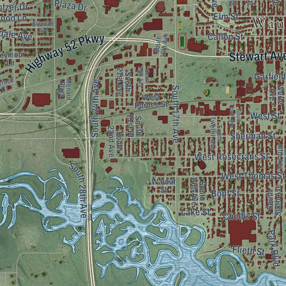 Second close-up of the map of Wausau, Wisconsin print showing more streets and buildings