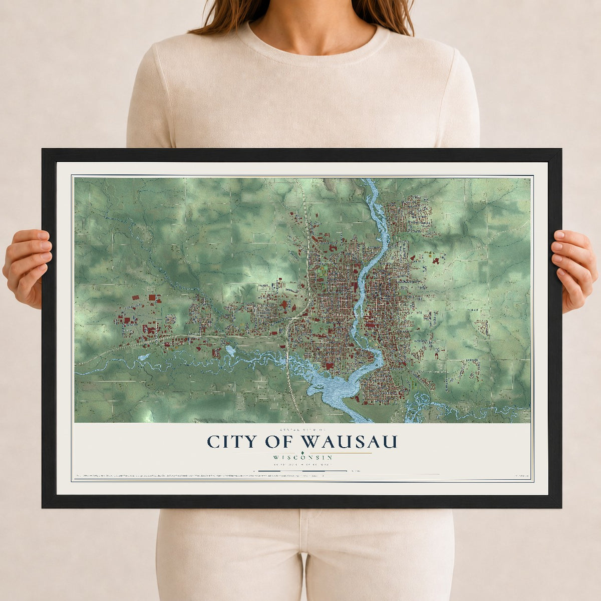 Map of Wausau, Wisconsin, 12 x 18 inch print in a black wood frame