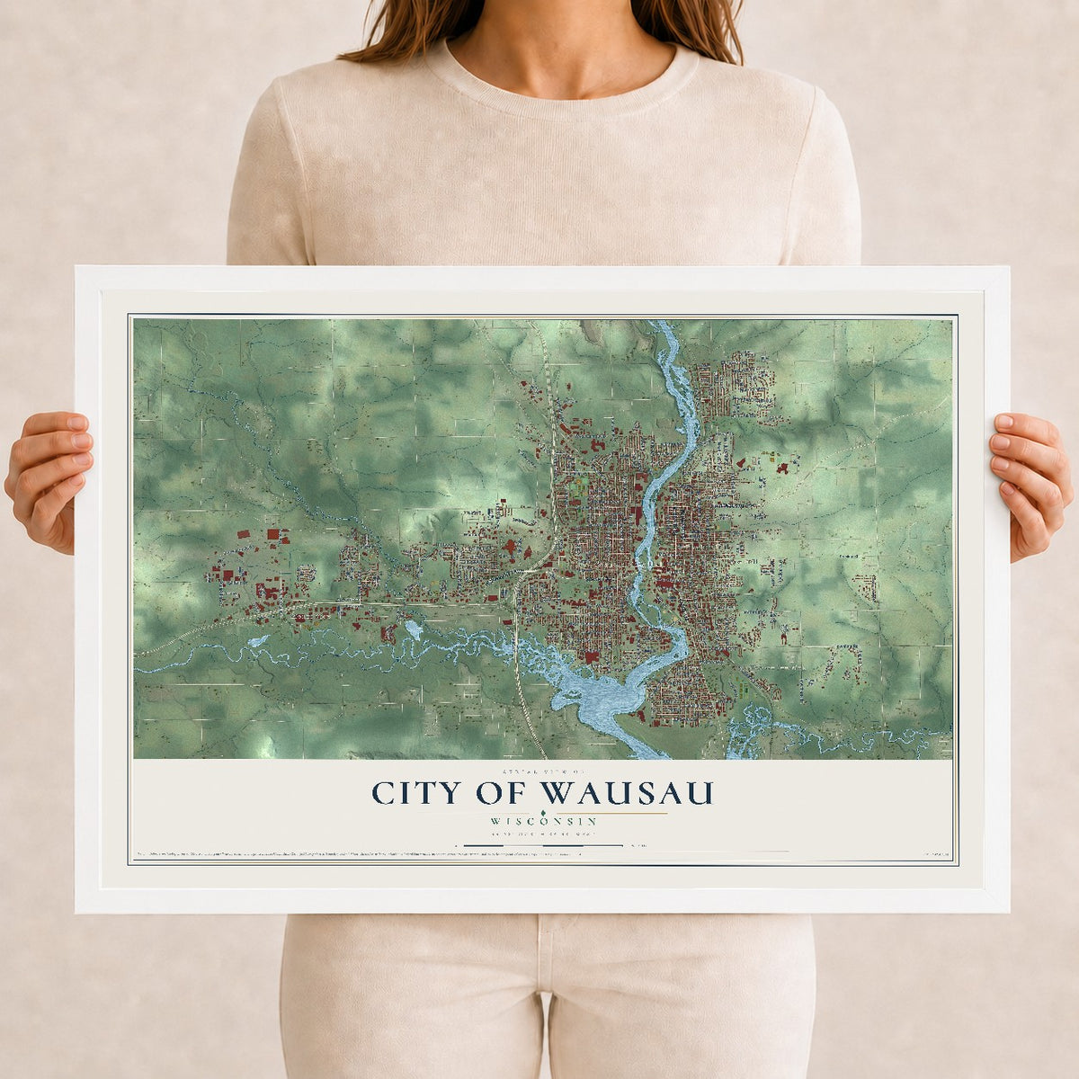 Map of Wausau, Wisconsin, 12 x 18 inch print in a white wood frame