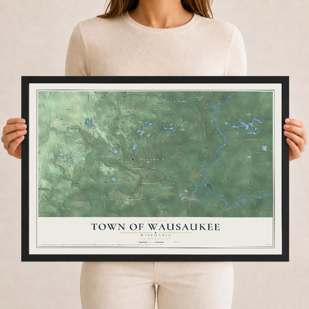 Map of the Town of Wausaukee, Wisconsin, 12 x 18 inch print in a black wood frame