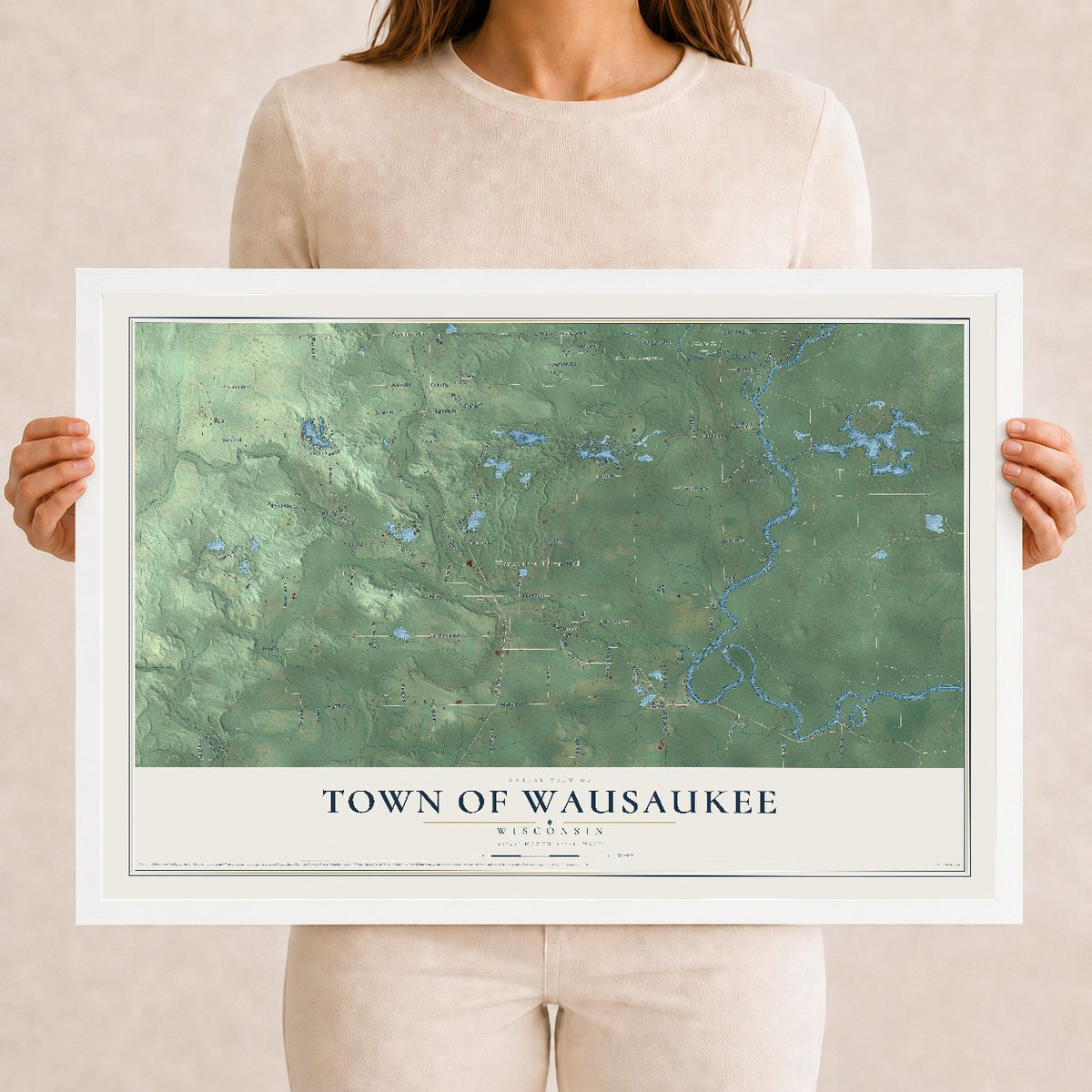 Map of the Town of Wausaukee, Wisconsin, 12 x 18 inch print in a white wood frame