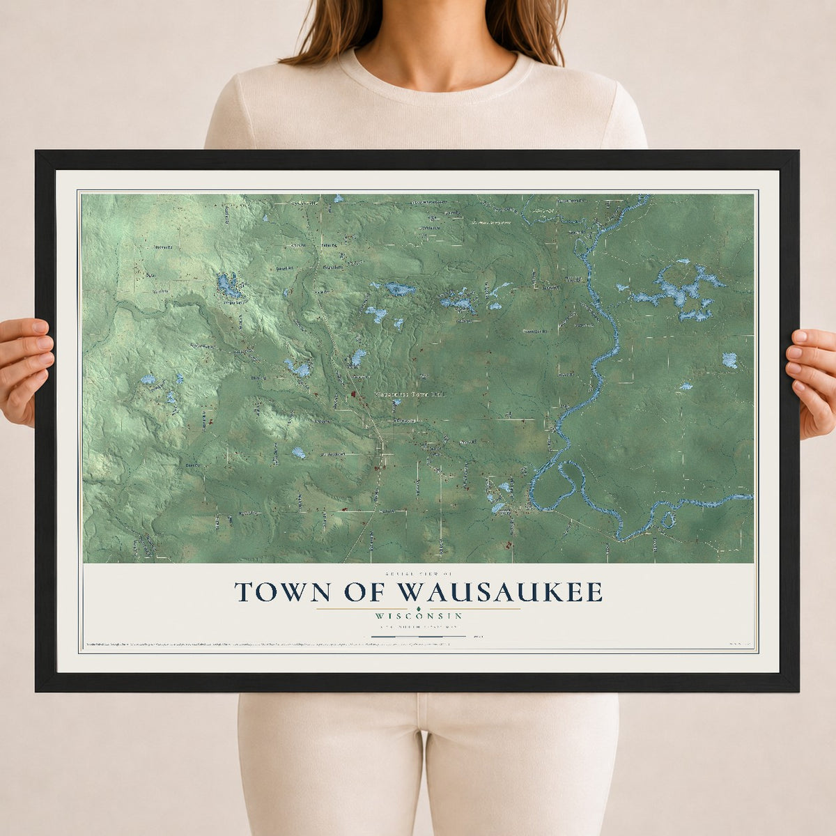 Map of the Town of Wausaukee, Wisconsin, 18 x 24 inch print in a black wood frame