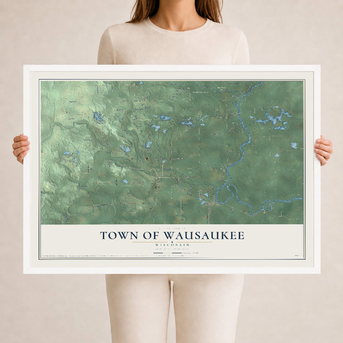Map of the Town of Wausaukee, Wisconsin, 24 x 36 inch print in a white wood frame