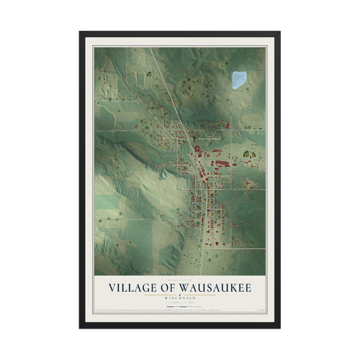 Map of Wausaukee, Wisconsin, 12 x 18 inch print in a black wood frame