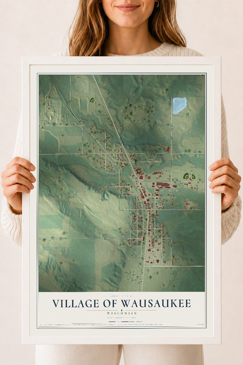 Map of Wausaukee, Wisconsin, 18 x 24 inch print in a white wood frame