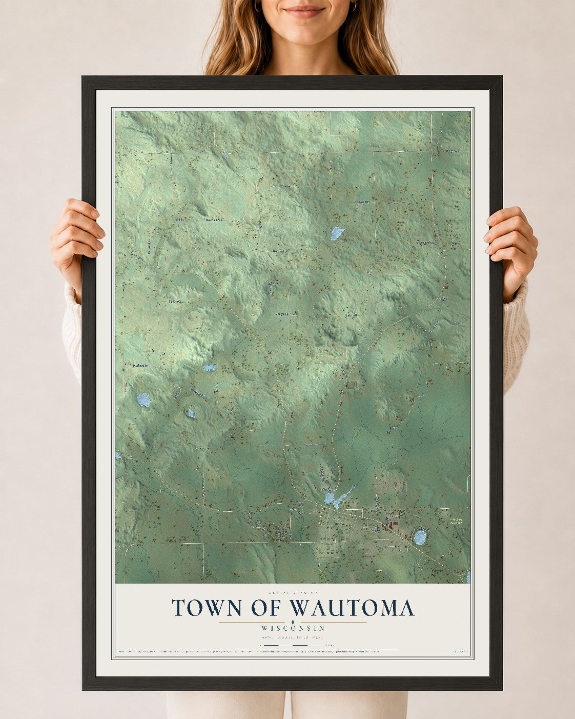 Map of the Town of Wautoma, Wisconsin, 24 x 36 inch print in a black wood frame