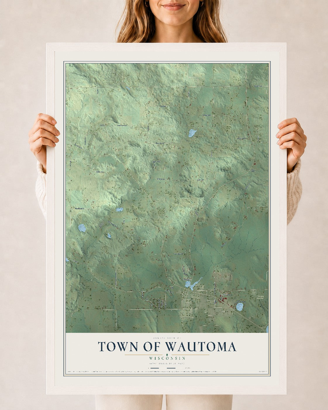 Map of the Town of Wautoma, Wisconsin, 24 x 36 inch print in a white wood frame