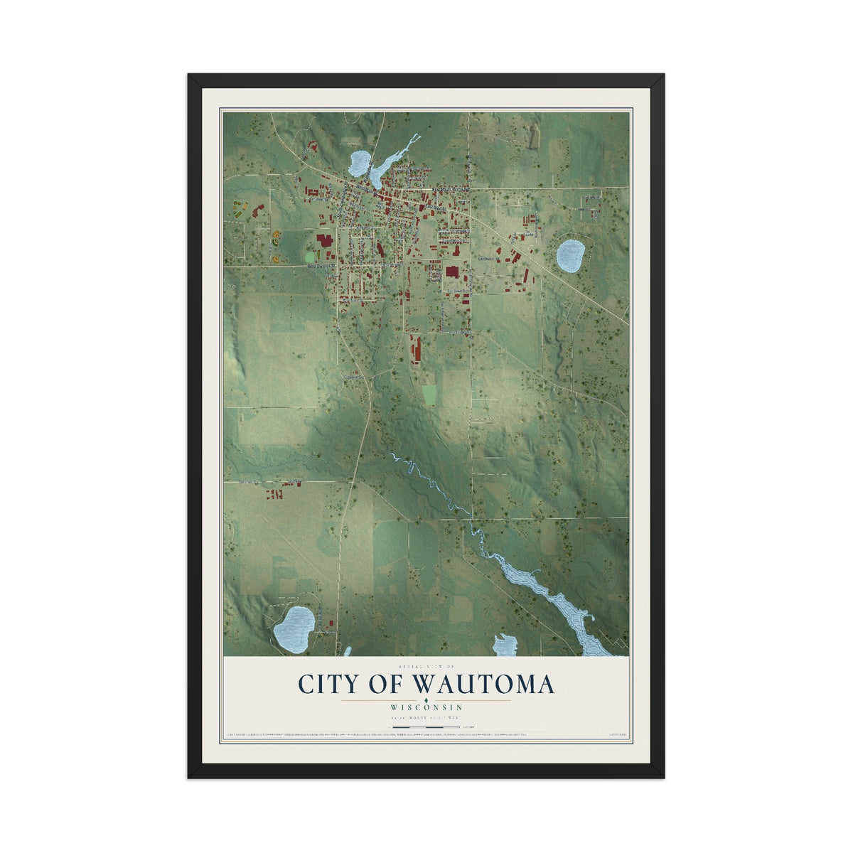 Map of Wautoma, Wisconsin, 12 x 18 inch print in a black wood frame