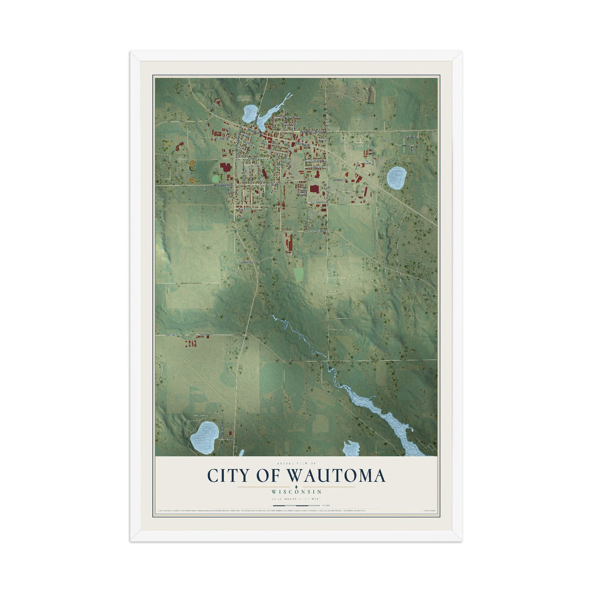 Map of Wautoma, Wisconsin, 12 x 18 inch print in a white wood frame
