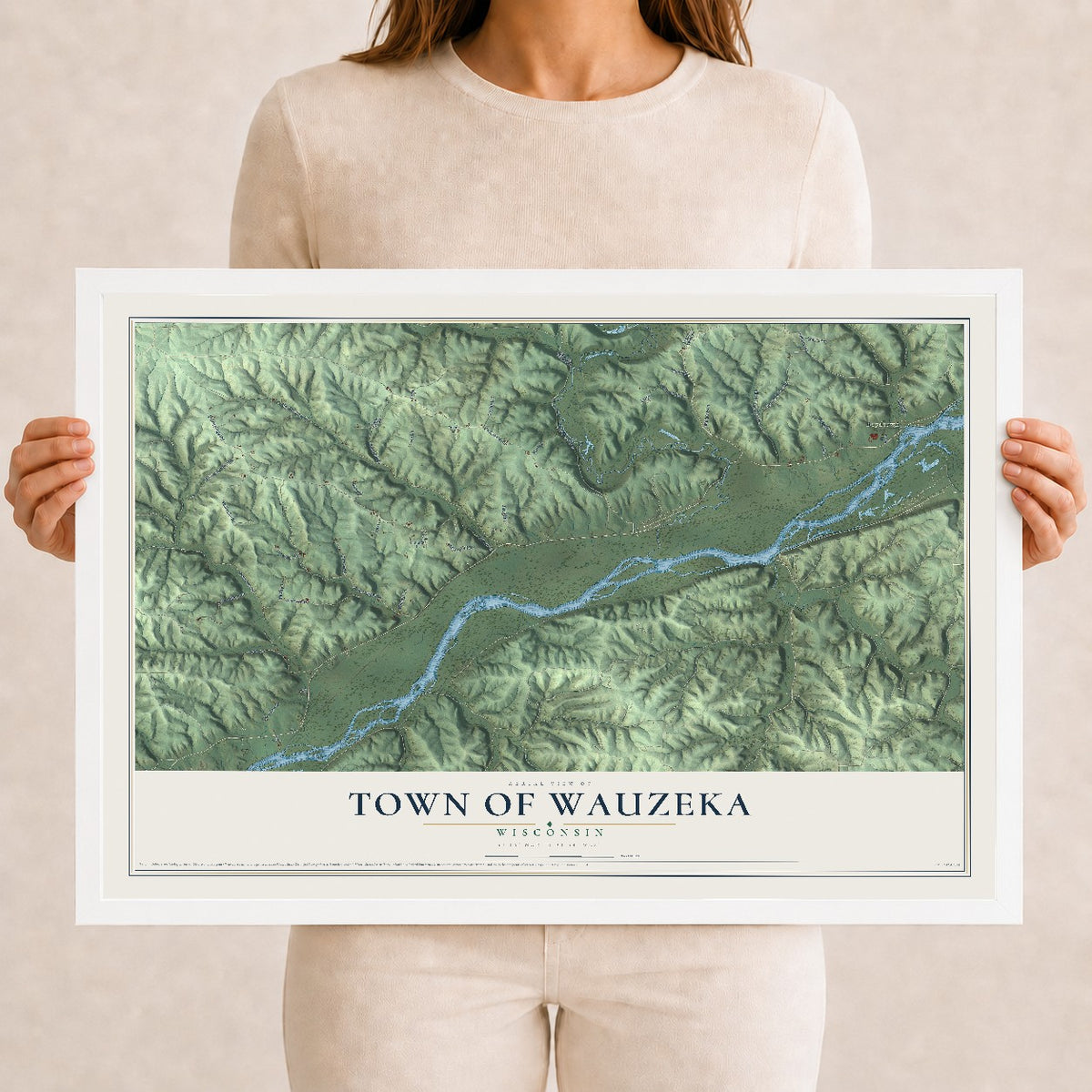 Map of the Town of Wauzeka, Wisconsin, 12 x 18 inch print in a white wood frame