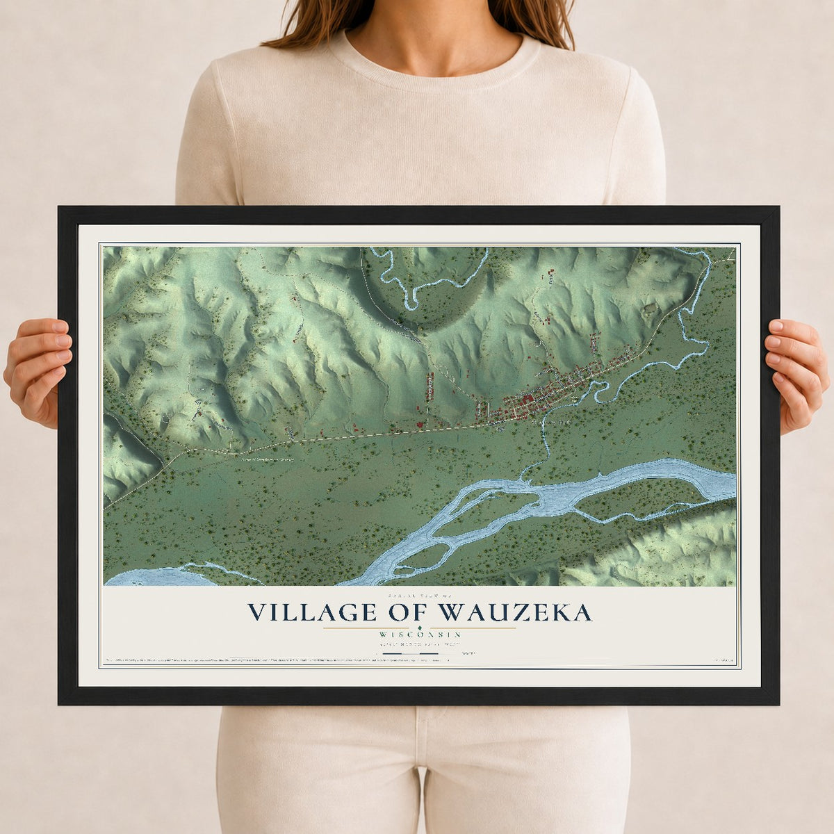 Map of Wauzeka, Wisconsin, 12 x 18 inch print in a black wood frame