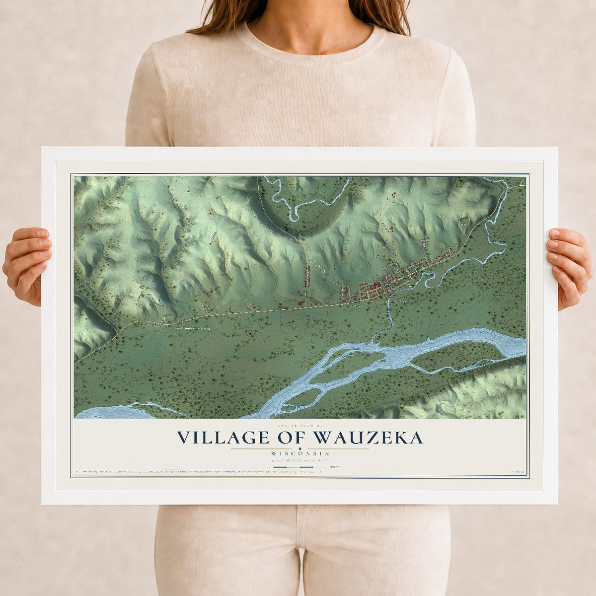 Map of Wauzeka, Wisconsin, 12 x 18 inch print in a white wood frame