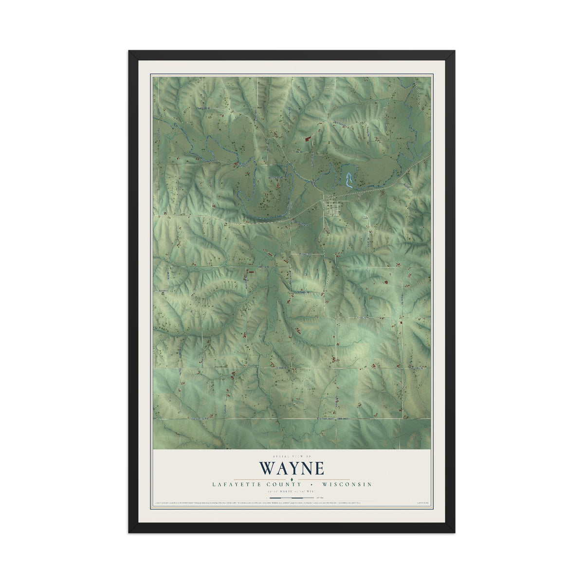Map of Wayne, Lafayette County, Wisconsin, 12 x 18 inch print in a black wood frame