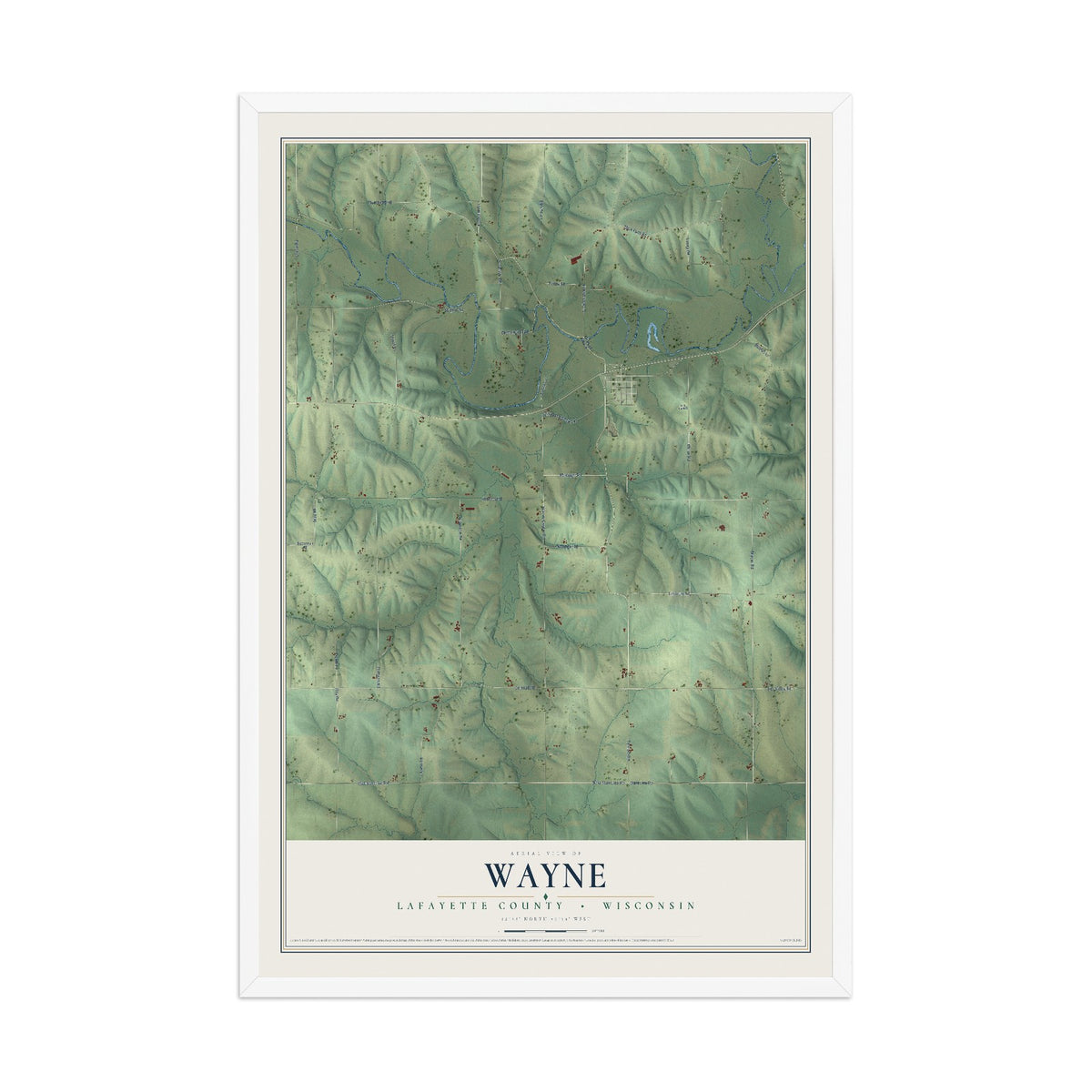 Map of Wayne, Lafayette County, Wisconsin, 12 x 18 inch print in a white wood frame