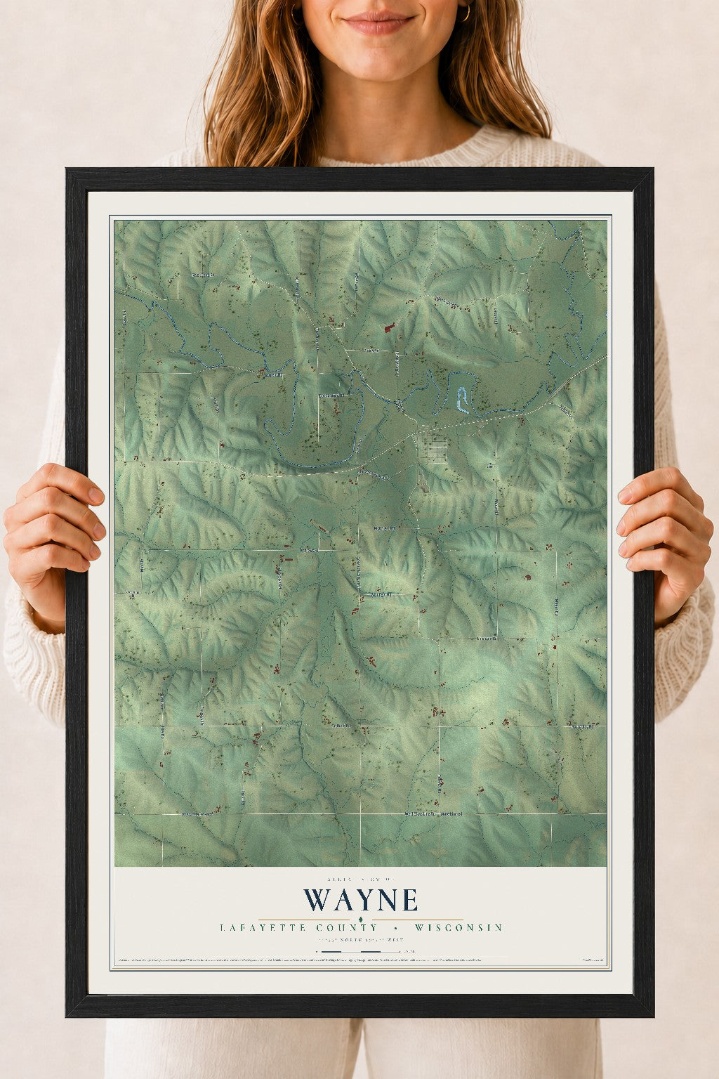 Map of Wayne, Lafayette County, Wisconsin, 18 x 24 inch print in a black wood frame