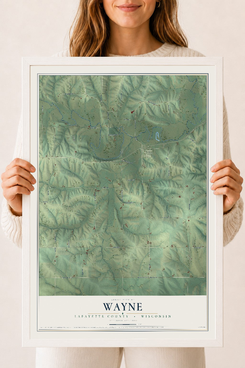 Map of Wayne, Lafayette County, Wisconsin, 18 x 24 inch print in a white wood frame