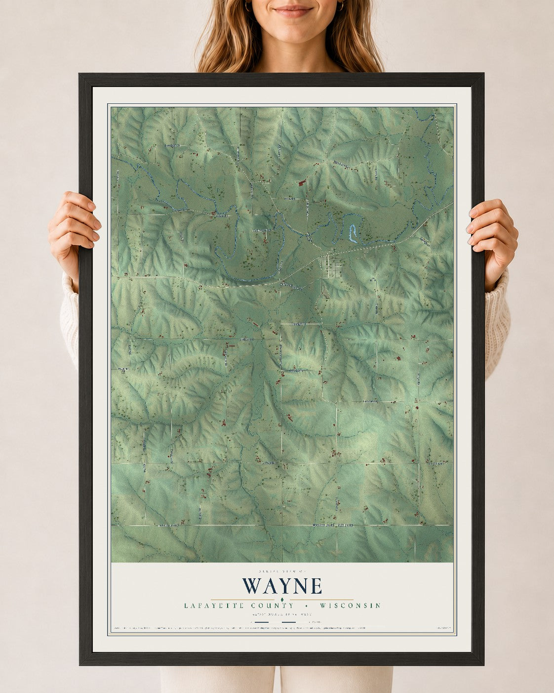 Map of Wayne, Lafayette County, Wisconsin, 24 x 36 inch print in a black wood frame