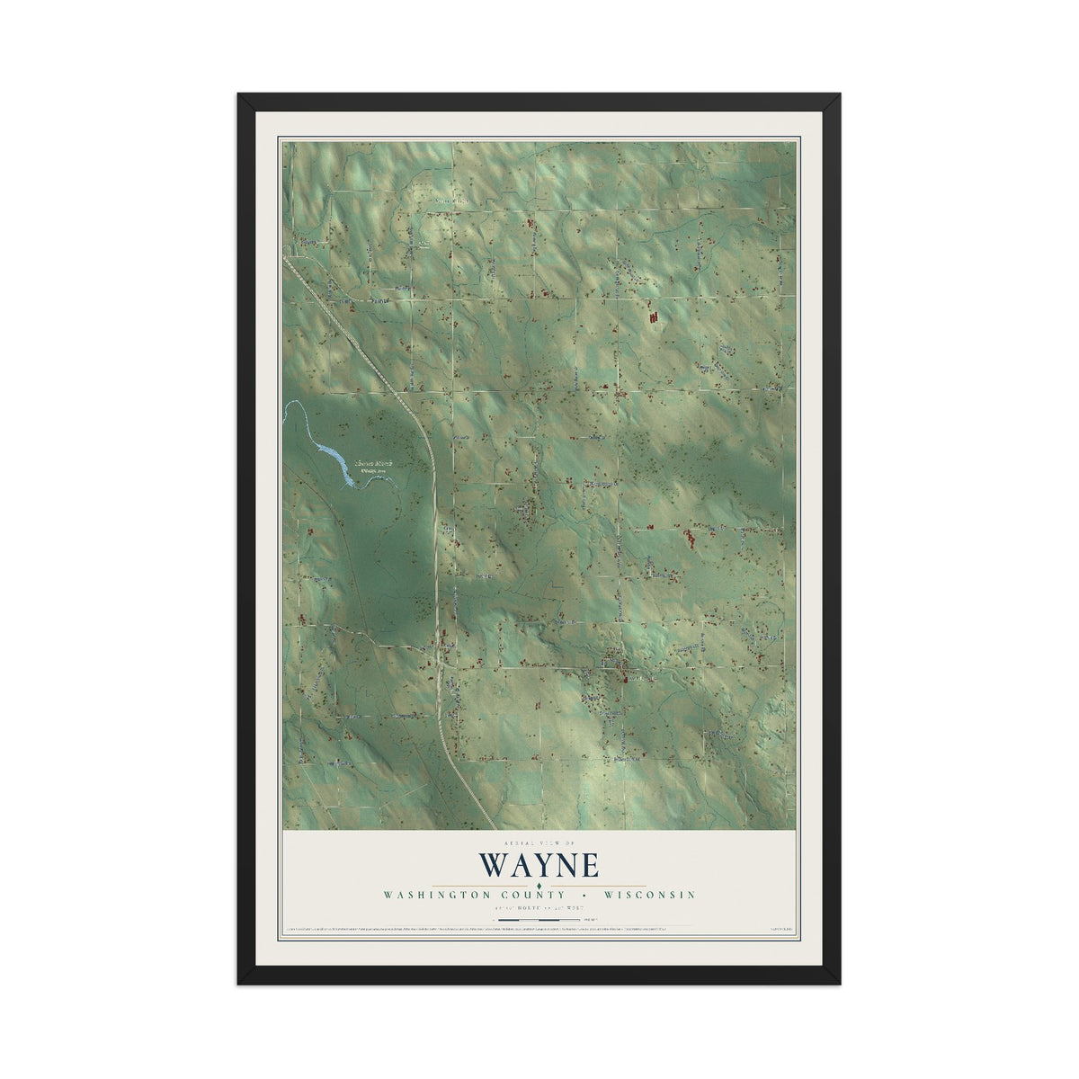 Map of Wayne, Washington County, Wisconsin, 12 x 18 inch print in a black wood frame