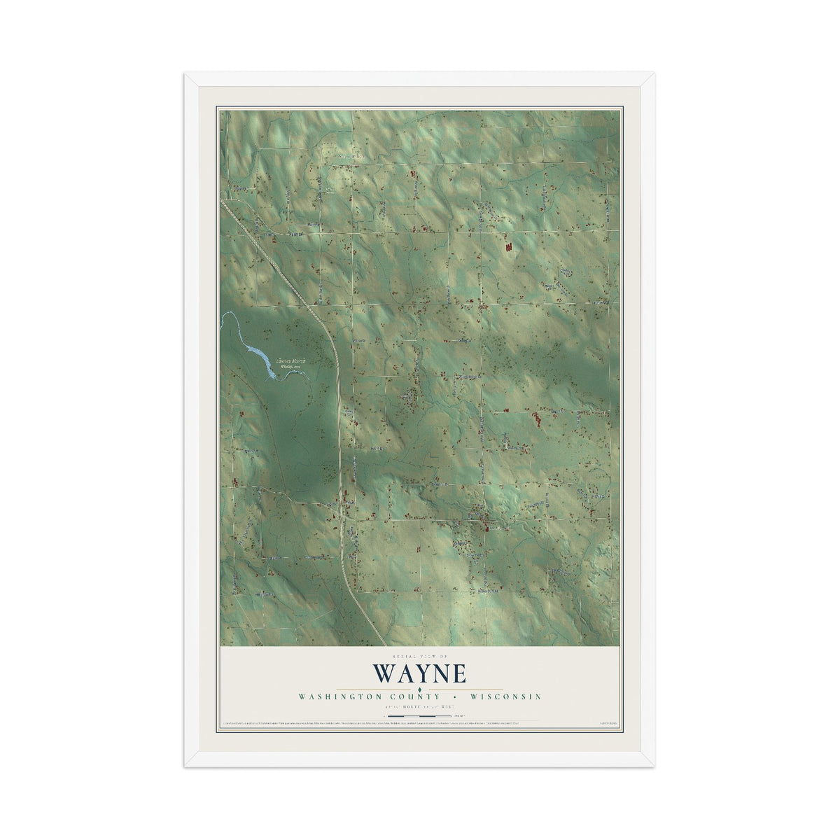 Map of Wayne, Washington County, Wisconsin, 12 x 18 inch print in a white wood frame