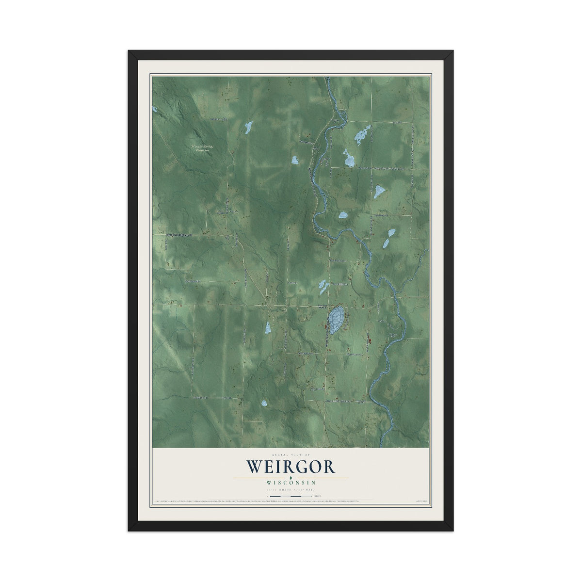 Map of Weirgor, Wisconsin, 12 x 18 inch print in a black wood frame