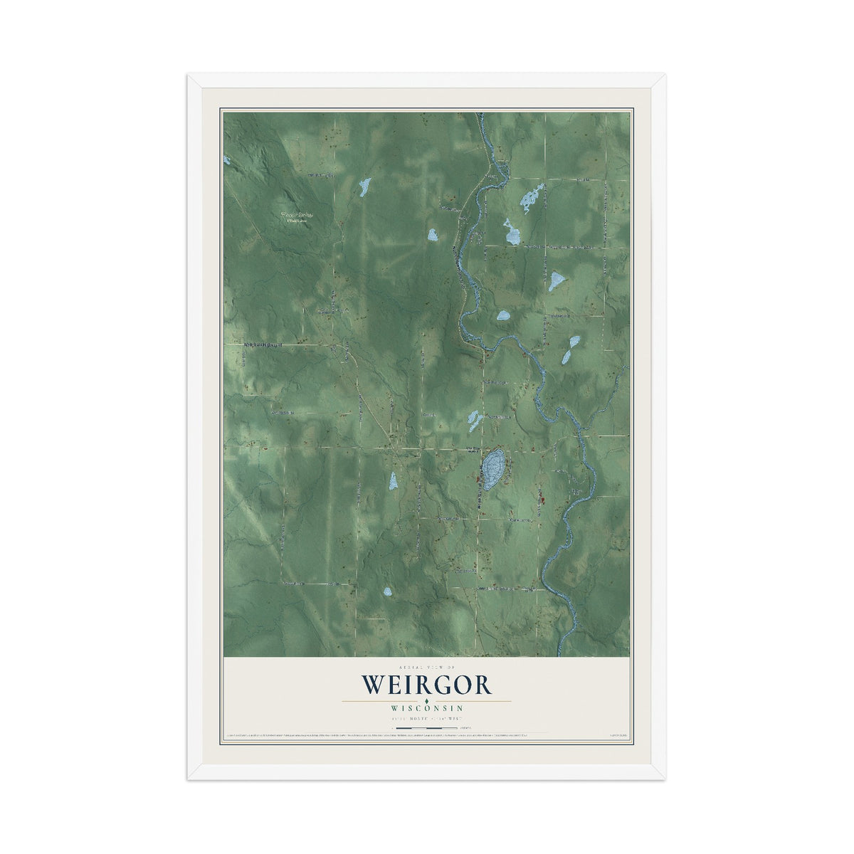 Map of Weirgor, Wisconsin, 12 x 18 inch print in a white wood frame