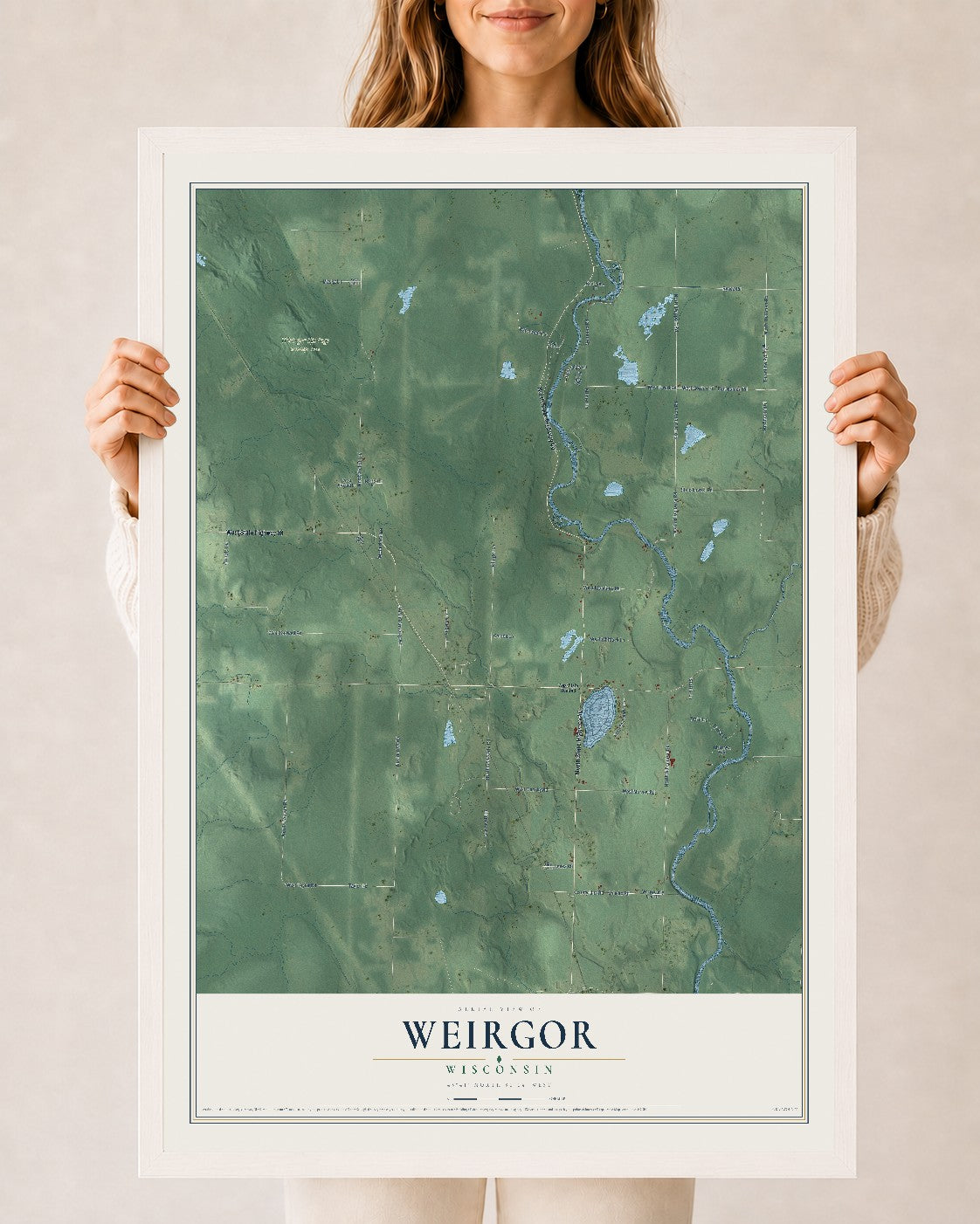Map of Weirgor, Wisconsin, 24 x 36 inch print in a white wood frame
