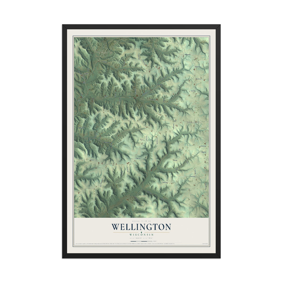 Map of Wellington, Wisconsin, 12 x 18 inch print in a black wood frame