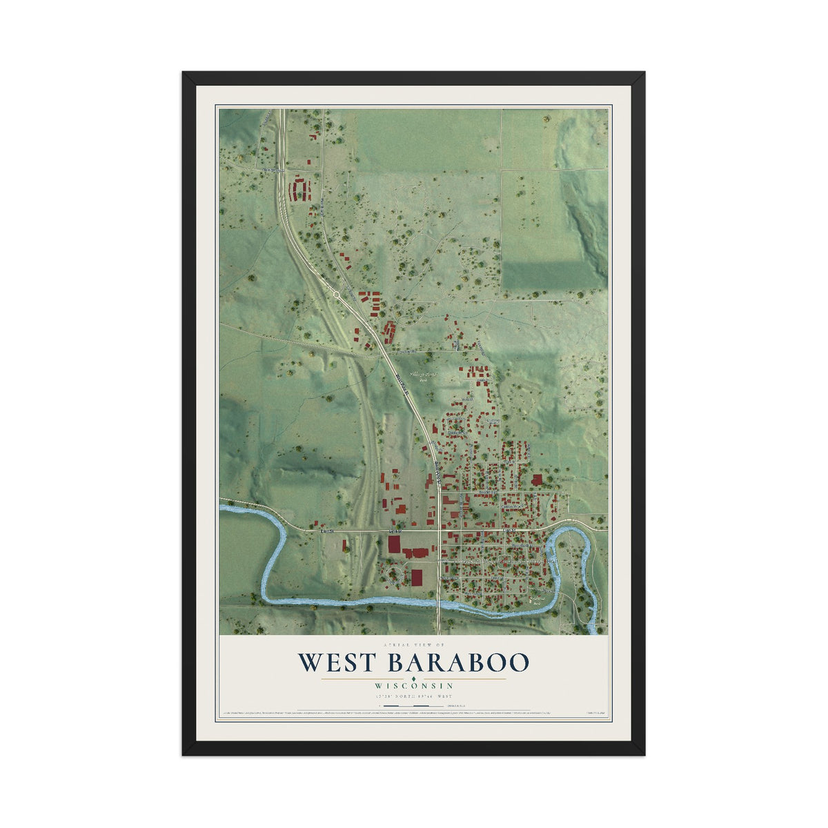Map of West Baraboo, Wisconsin, 12 x 18 inch print in a black wood frame