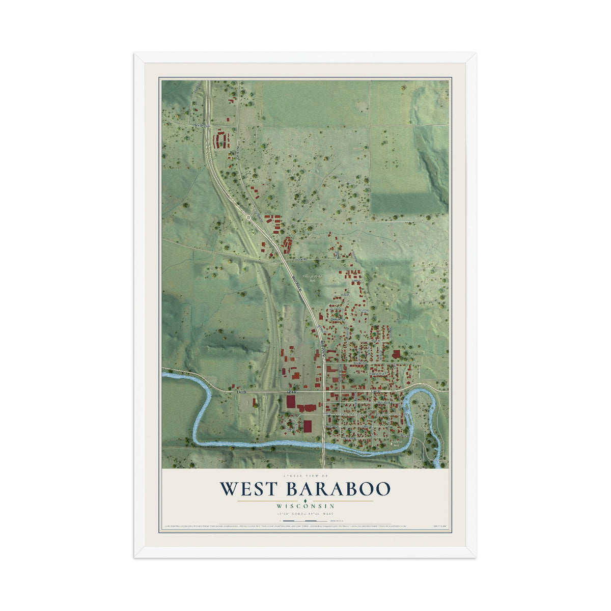 Map of West Baraboo, Wisconsin, 12 x 18 inch print in a white wood frame