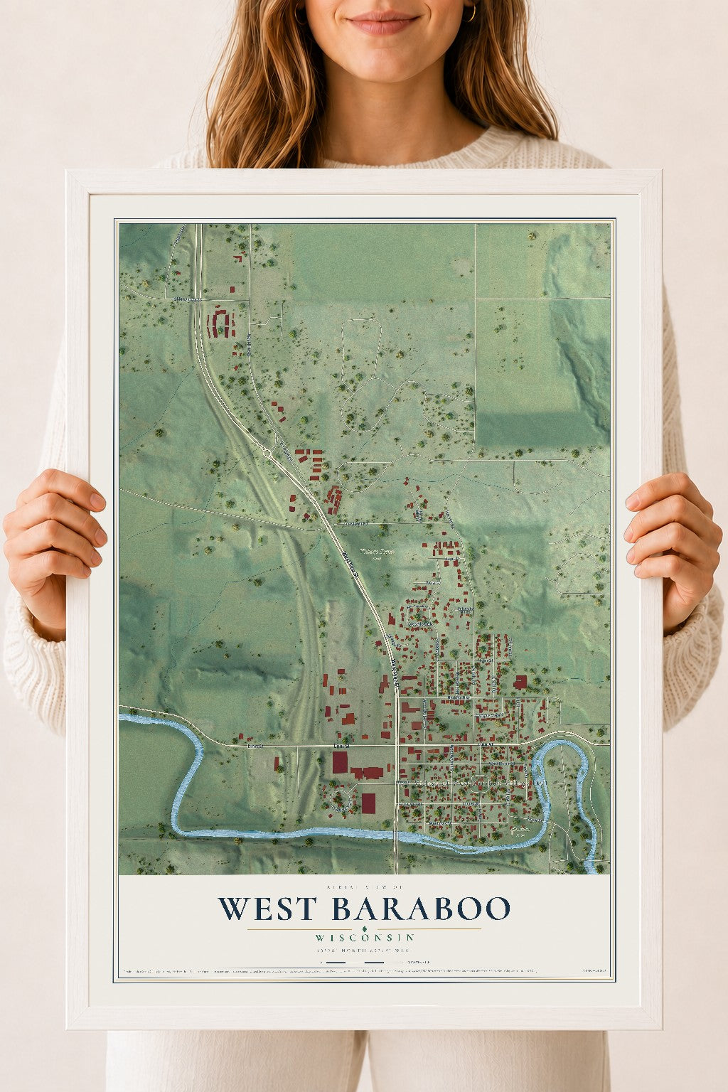 Map of West Baraboo, Wisconsin, 18 x 24 inch print in a white wood frame