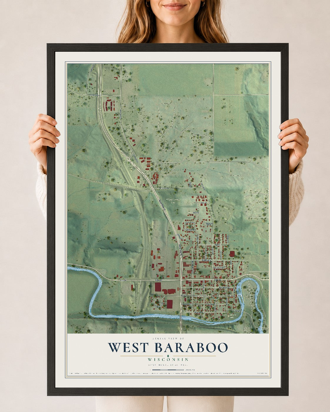 Map of West Baraboo, Wisconsin, 24 x 36 inch print in a black wood frame