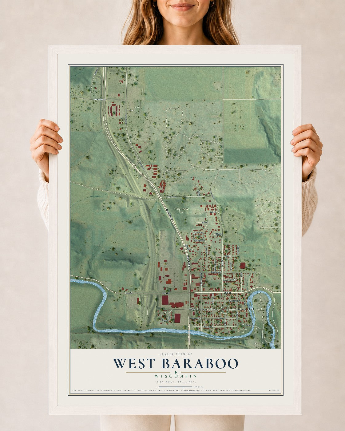 Map of West Baraboo, Wisconsin, 24 x 36 inch print in a white wood frame