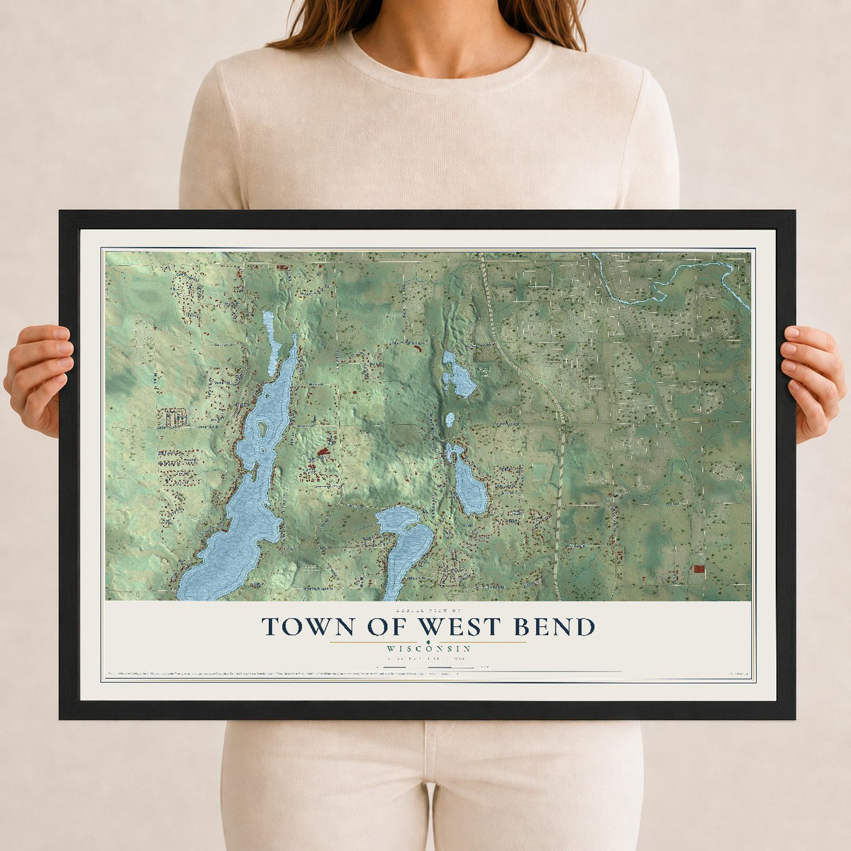 Map of the Town of West Bend, Wisconsin, 12 x 18 inch print in a black wood frame