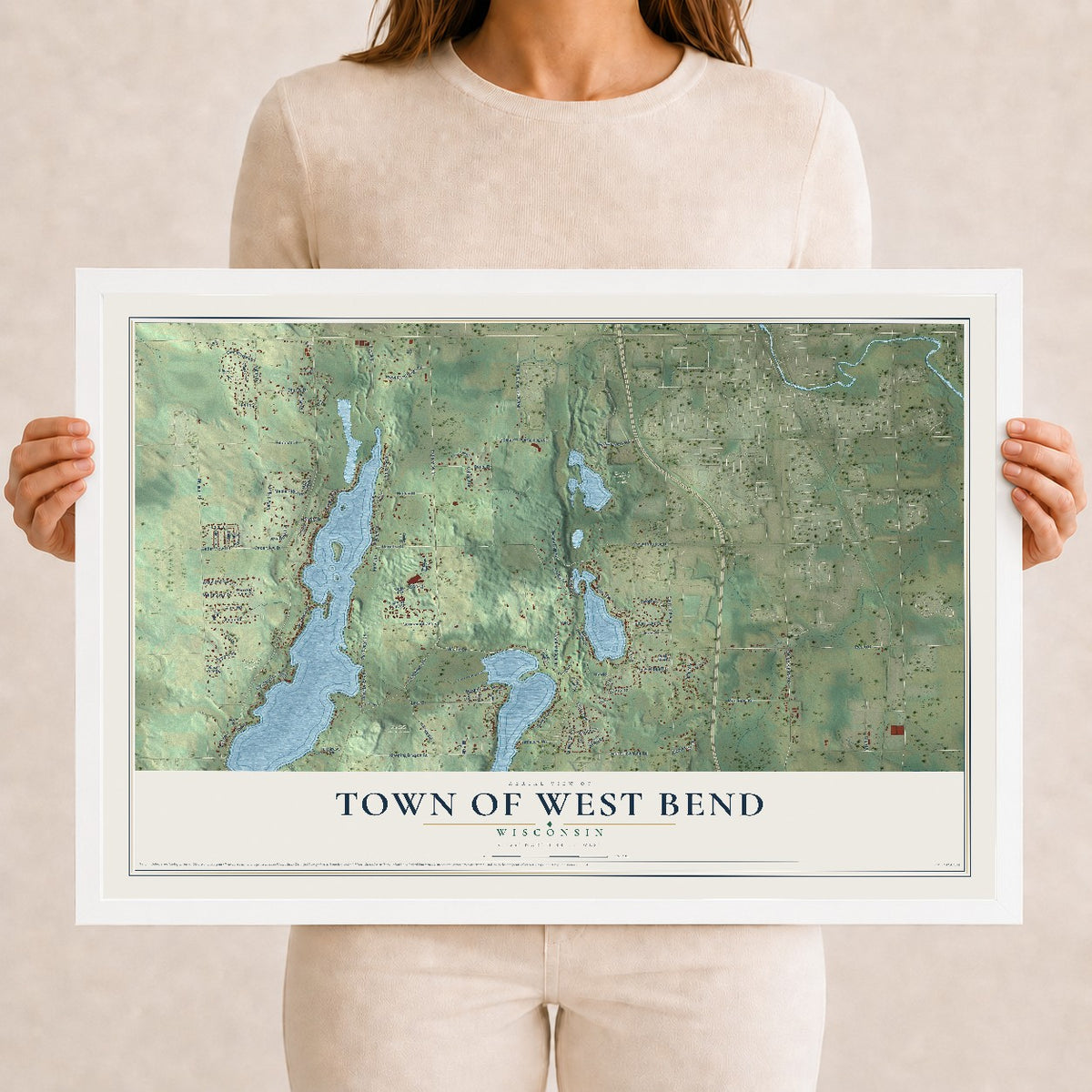 Map of the Town of West Bend, Wisconsin, 12 x 18 inch print in a white wood frame