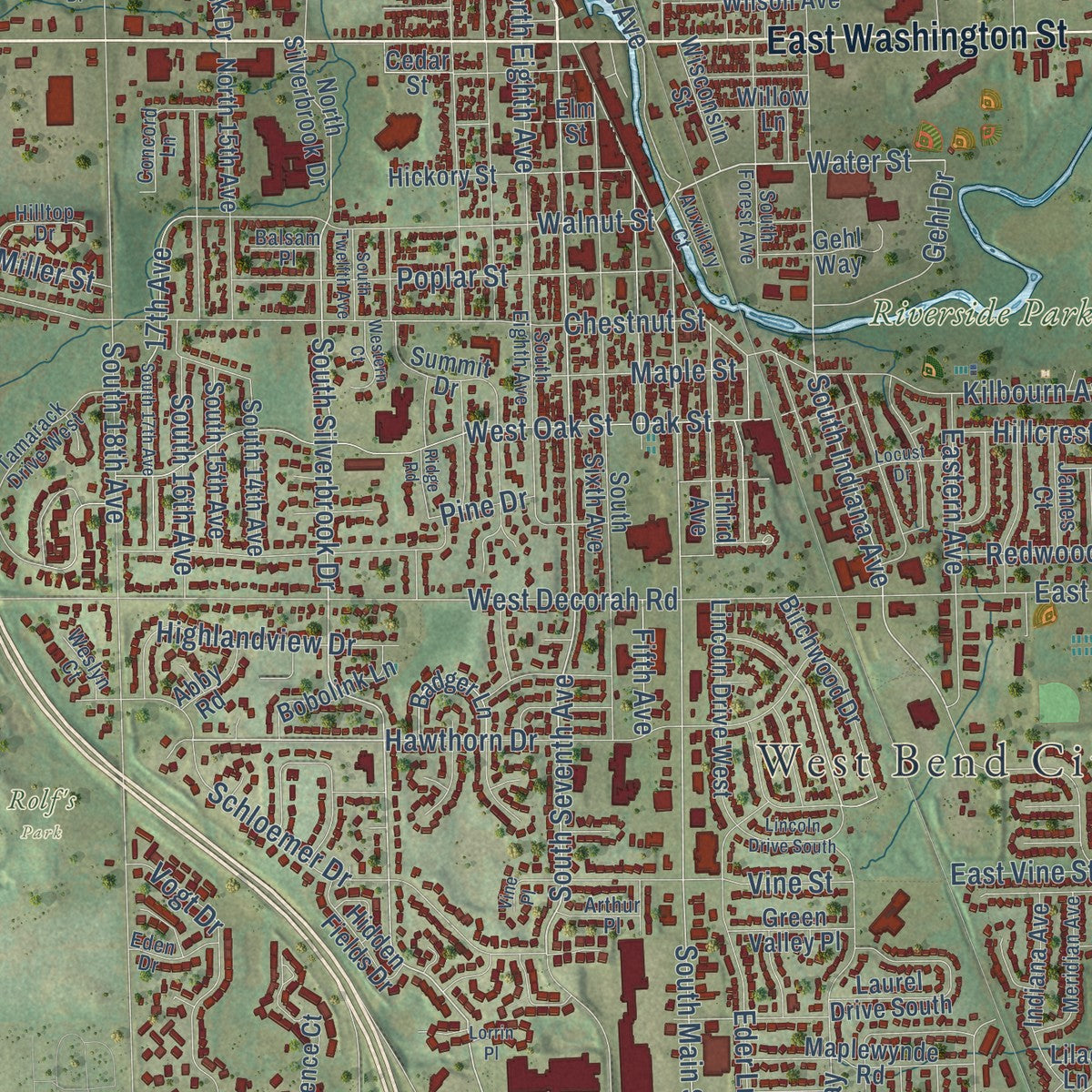 Close-up of the map of West Bend, Wisconsin print showing street and building detail