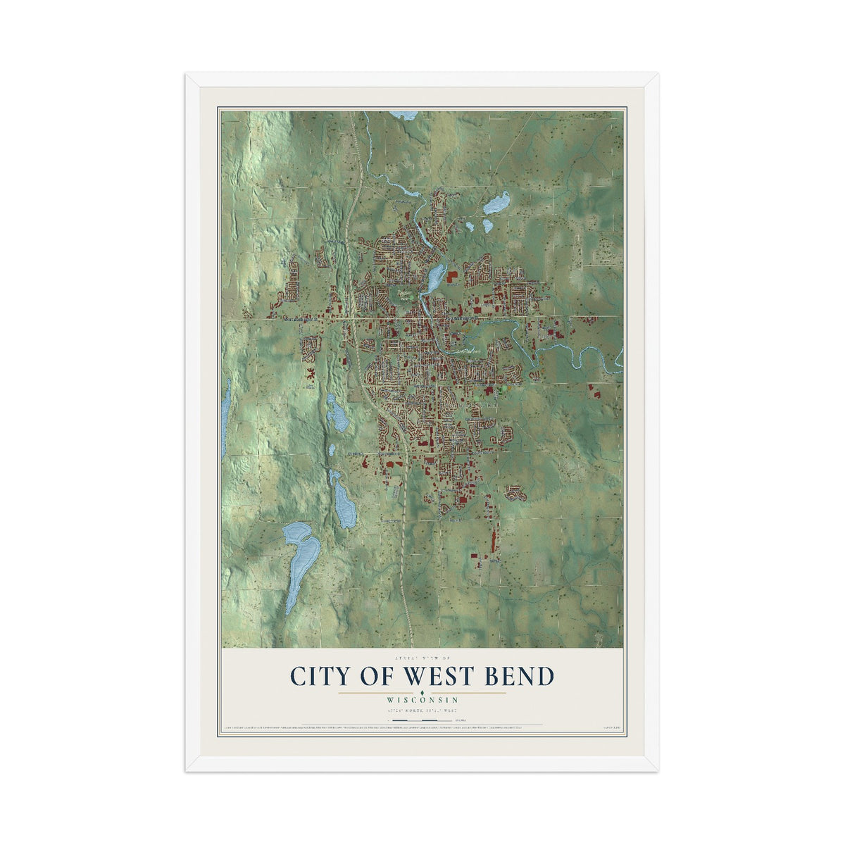 Map of West Bend, Wisconsin, 12 x 18 inch print in a white wood frame