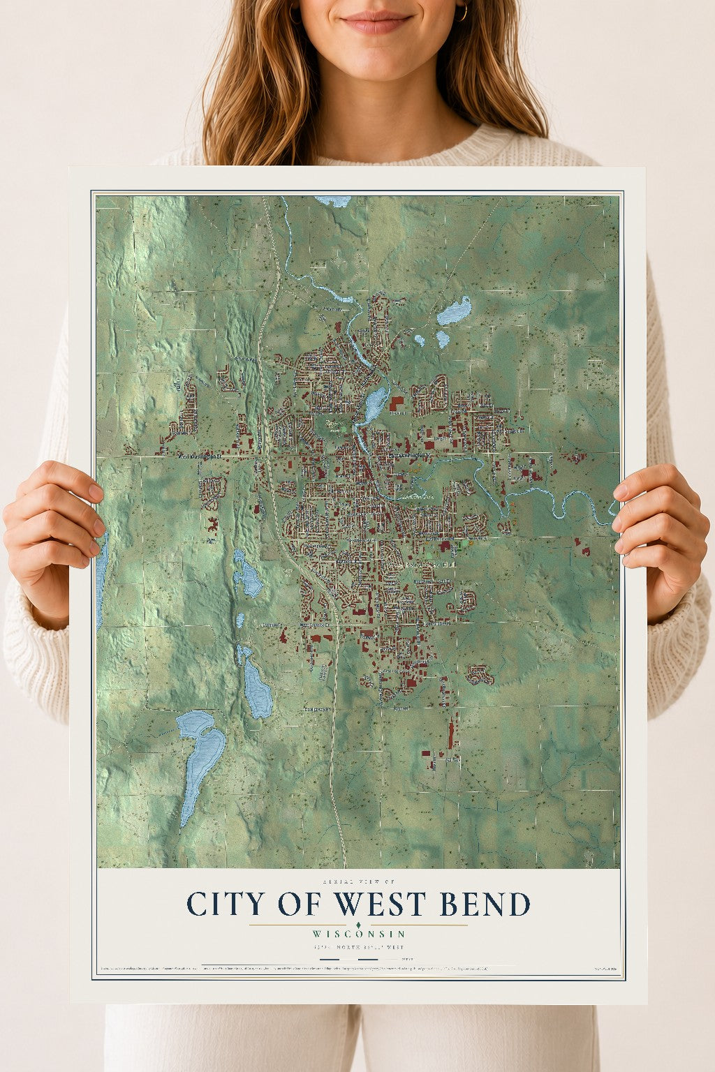 Map of West Bend, Wisconsin, 18 x 24 inch unframed archival matte print